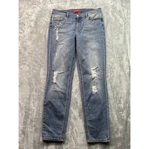 Guess Womens Sz 30 Blue Jean Straight Distressed Stretch Whiskered Boho Mid Rise